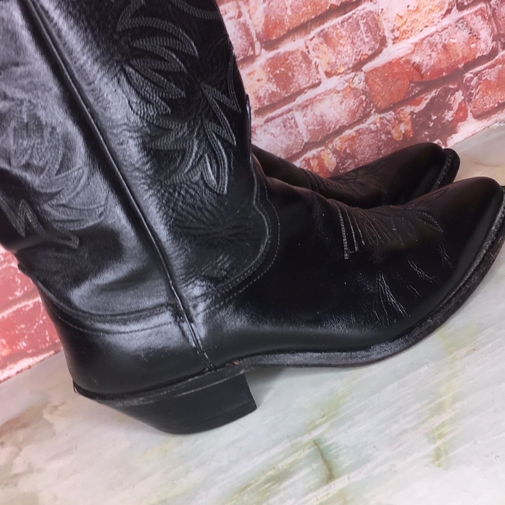 Justin Boots Black Leather Western Heeled Cowboy Boots - Picture 3 of 9